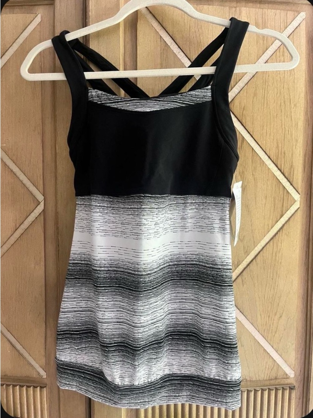 Athleta Black and White Striped Tank with Crisscross Detail